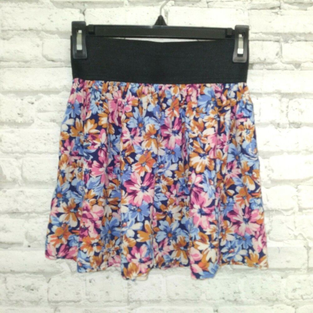 Forever 21 Skirt Womens XS Blue Pink Floral Mini Pull On Rayon Short Casual